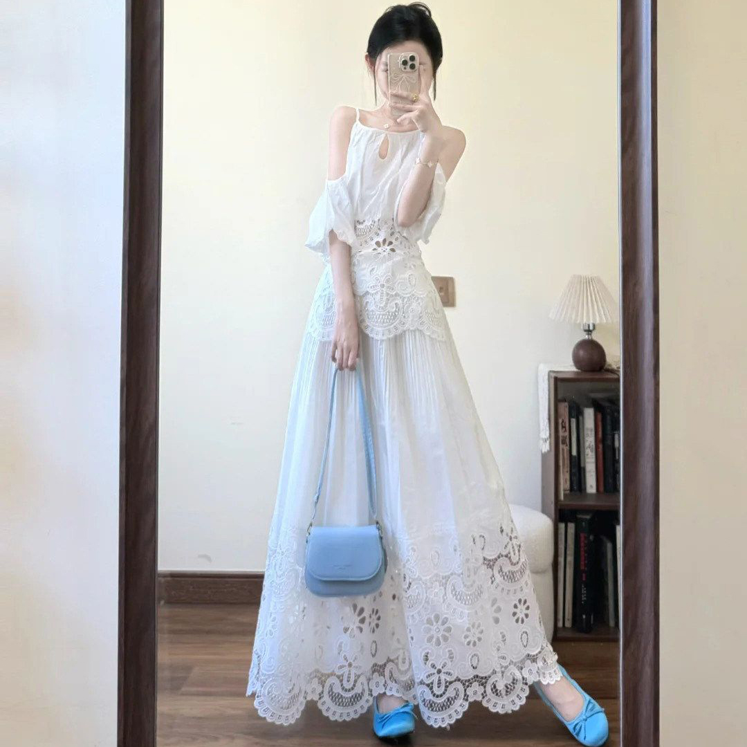 Embroidery Eyelet - Women Hollow Lace 2 Piece Outfit