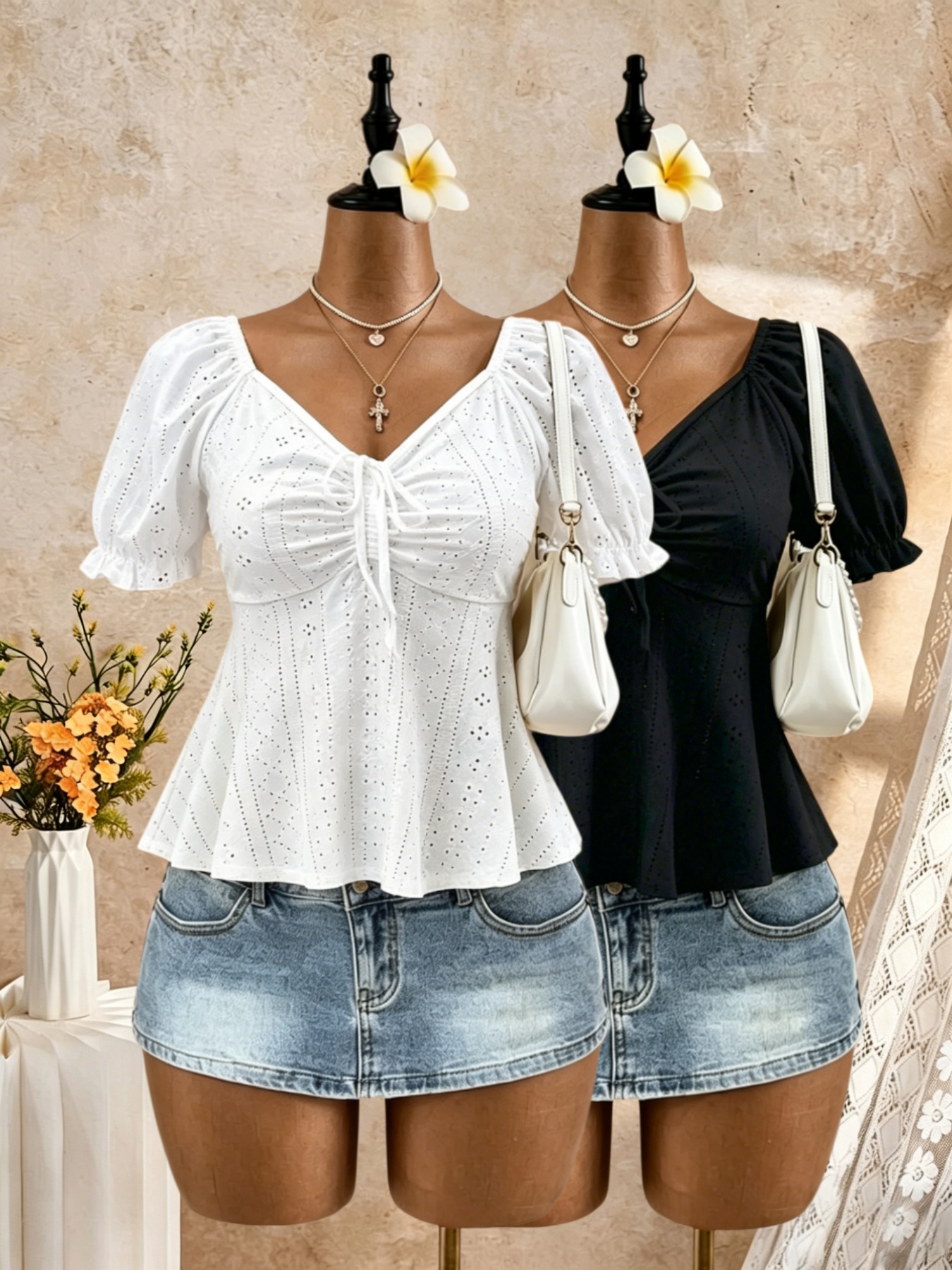Embroidery Eyelet - 2 Pack Multi-color Women V Neck