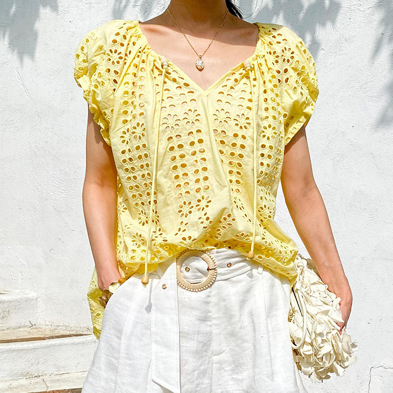 French Style Elegant Chic Blou - Embroidery Yellow recensie en prijs