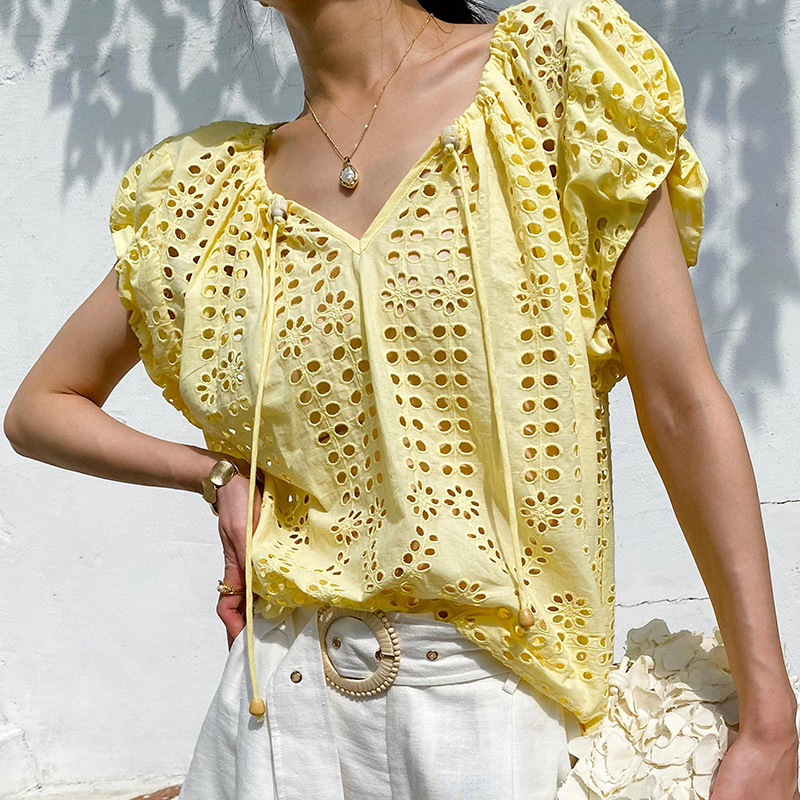 French Style Elegant Chic Blou - Embroidery Yellow recensie en prijs