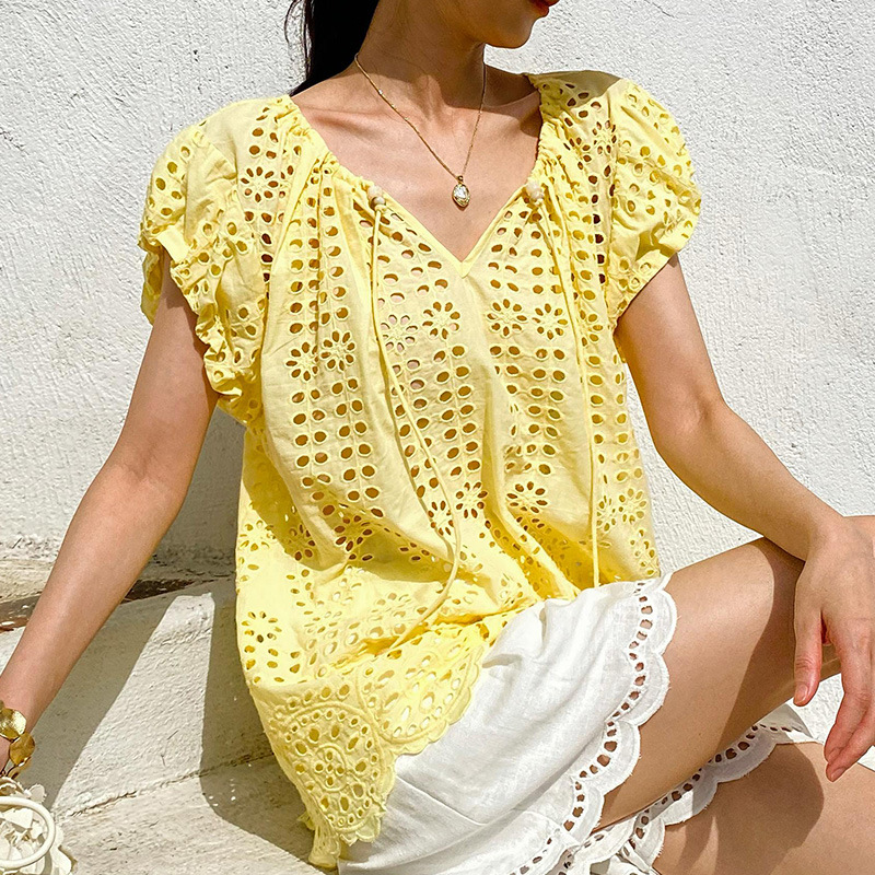 French Style Elegant Chic Blou - Embroidery Yellow recensie en prijs