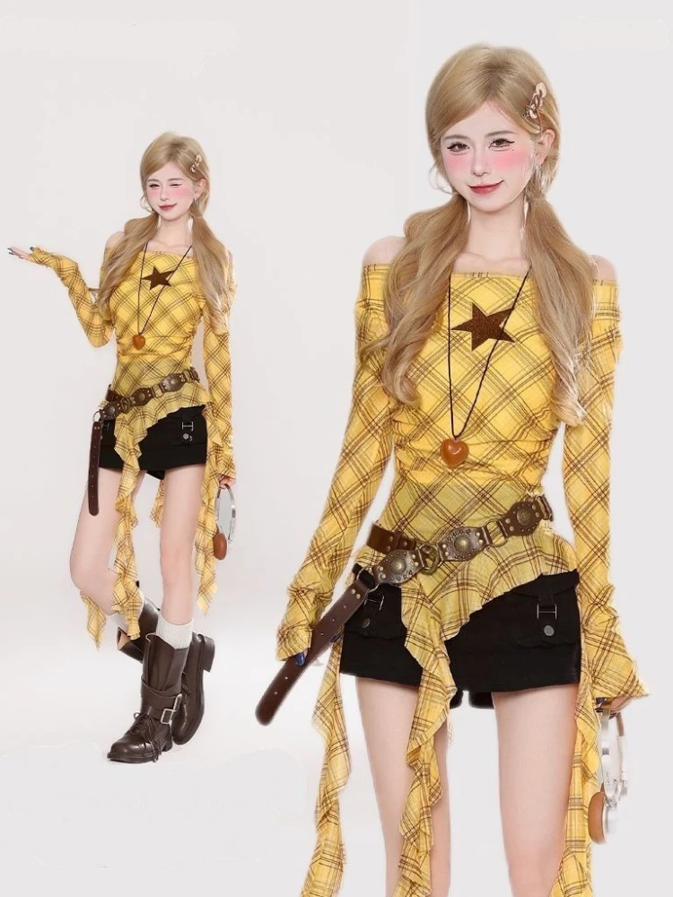 Y2K Plaid Slash Neck Vintage T - Embroidery Fashion recensie en prijs