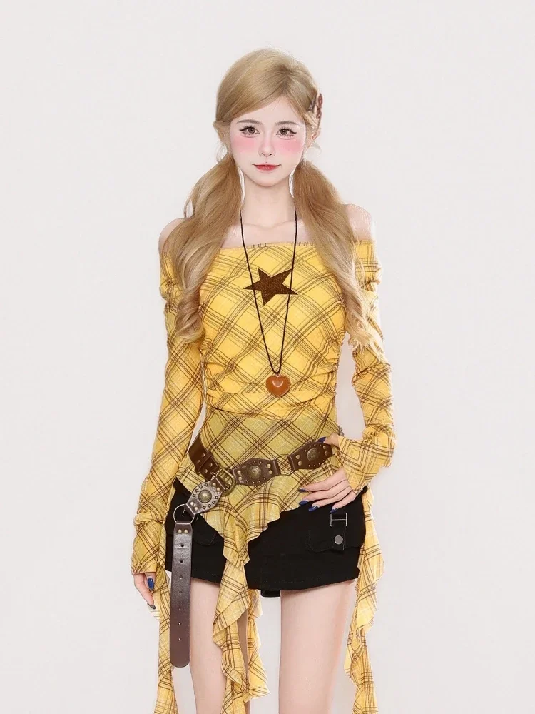 Y2K Plaid Slash Neck Vintage T - Embroidery Fashion recensie en prijs