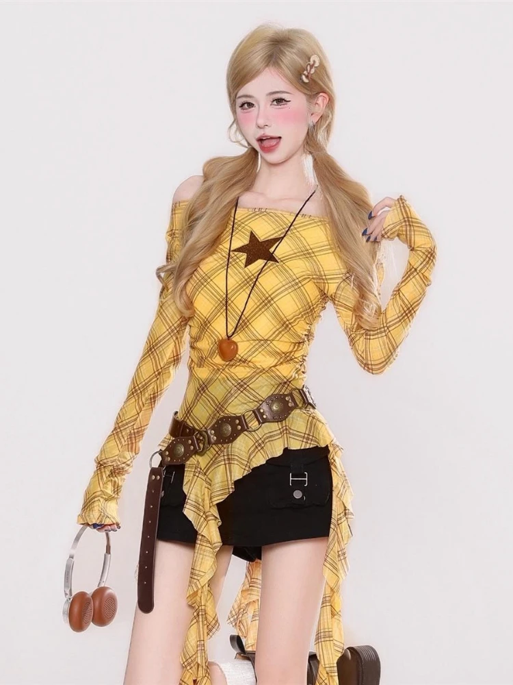 Y2K Plaid Slash Neck Vintage T - Embroidery Fashion recensie en prijs